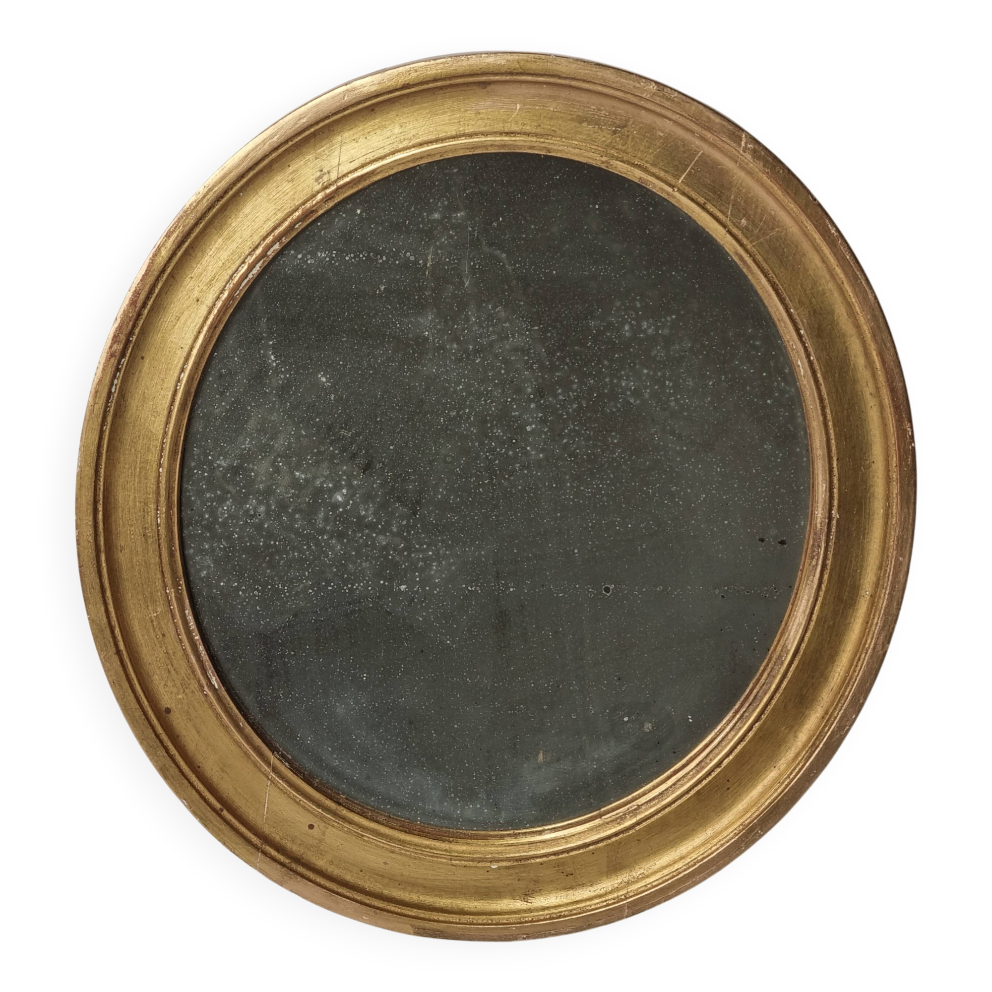 Antique round mirror in gilded wood, original patinated glass from the 19th century, 34 x 37 cm.