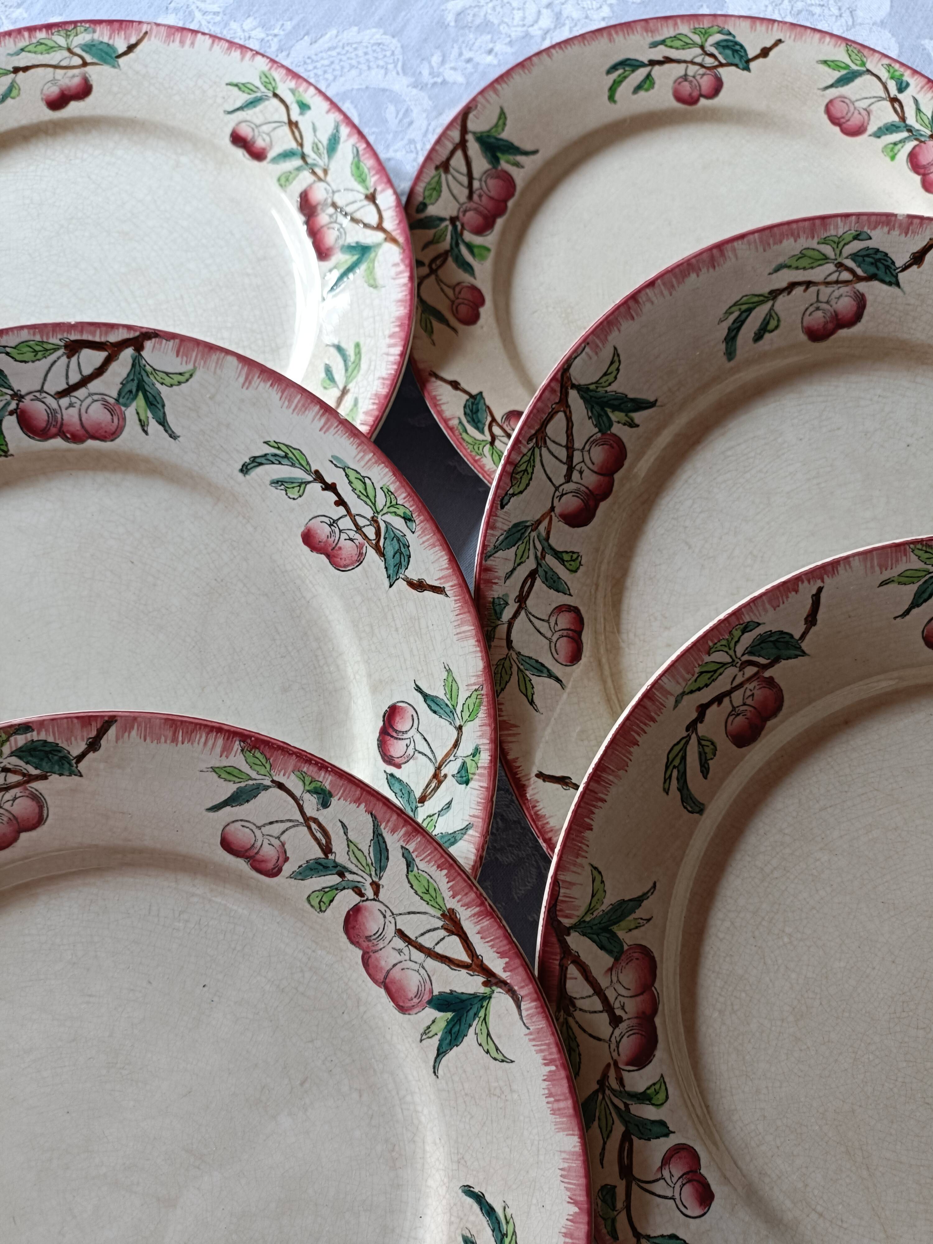 Rares, 6 assiettes et 2 grands plats Sarreguemines décor cerises