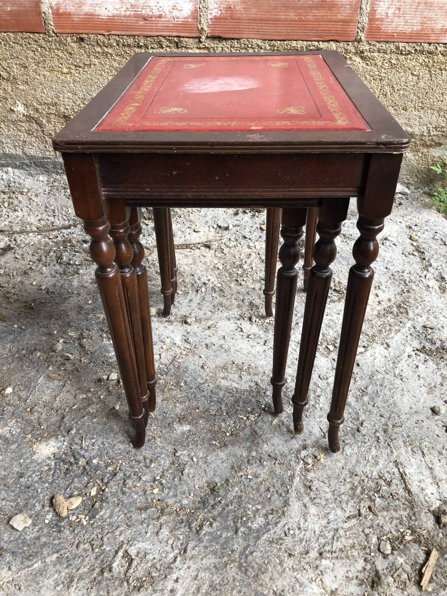 Series 3 Tables Trundles Wood Bent Feet + Top Embossed Leather Vintage Red