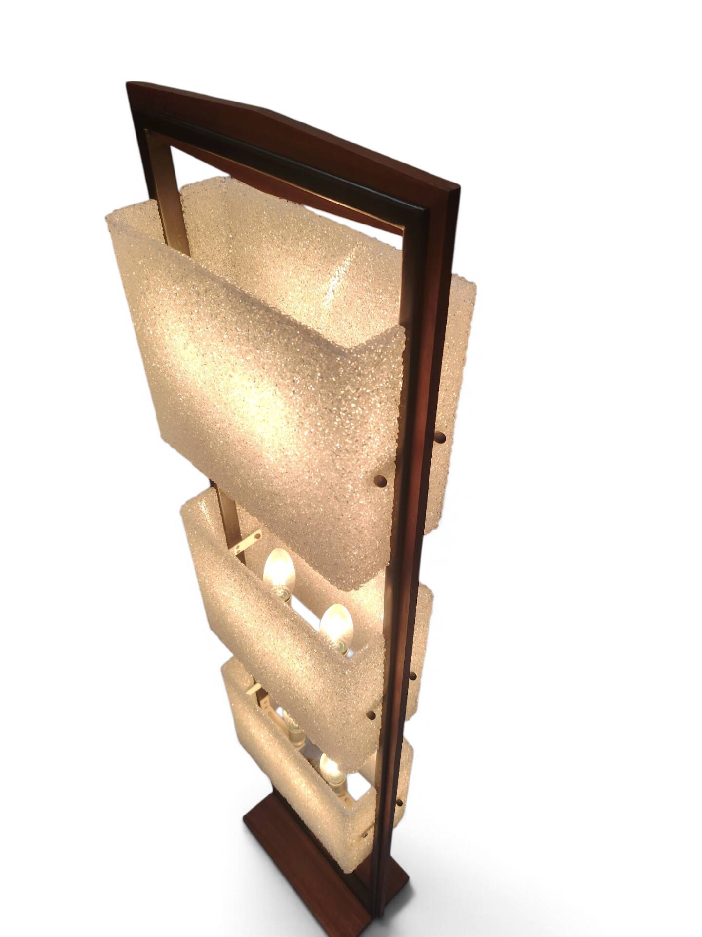 Column totem floor lamp in teak and frosted resin Scandinavian design