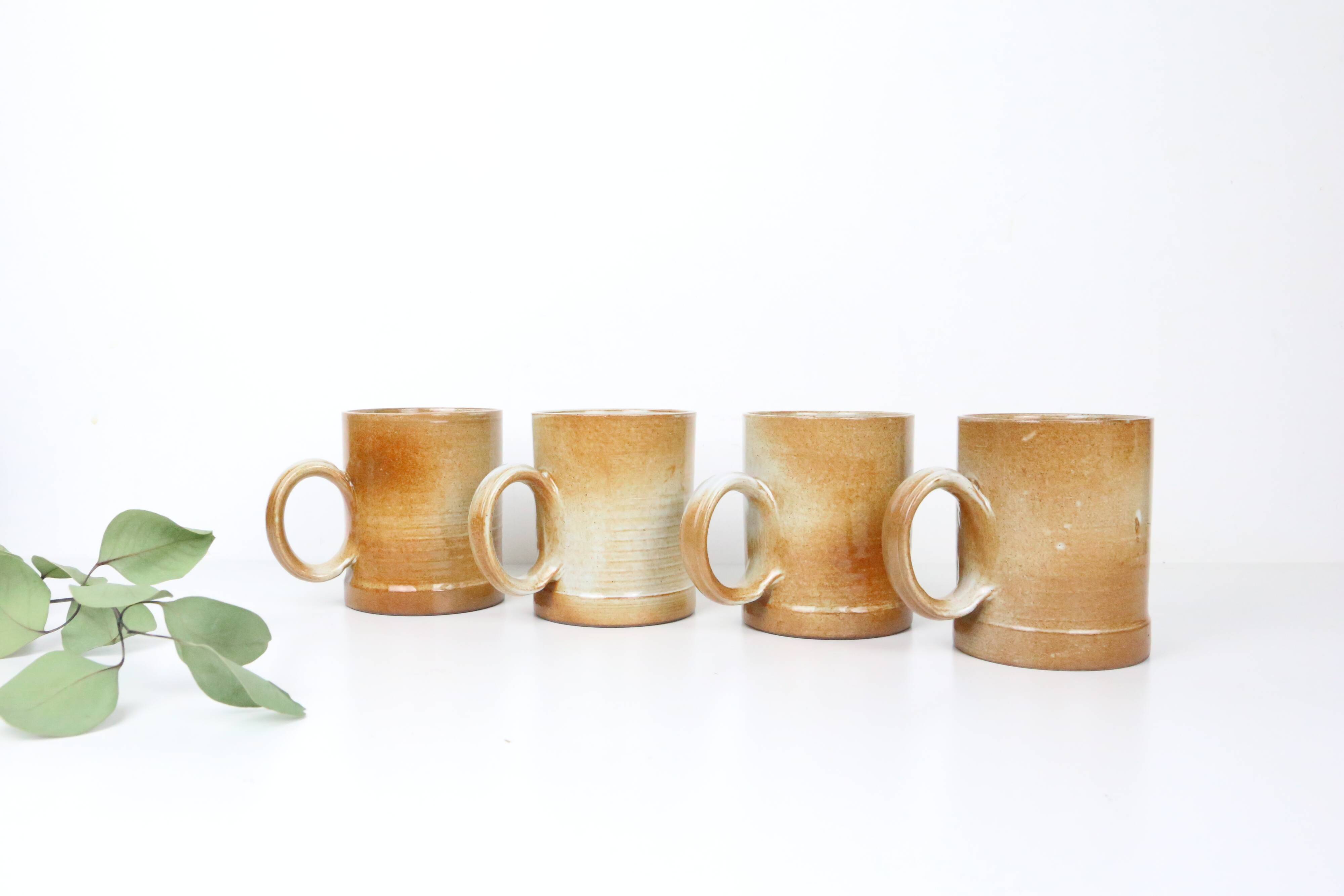 Set of 4 stoneware mugs, artisanal pottery, 1980
