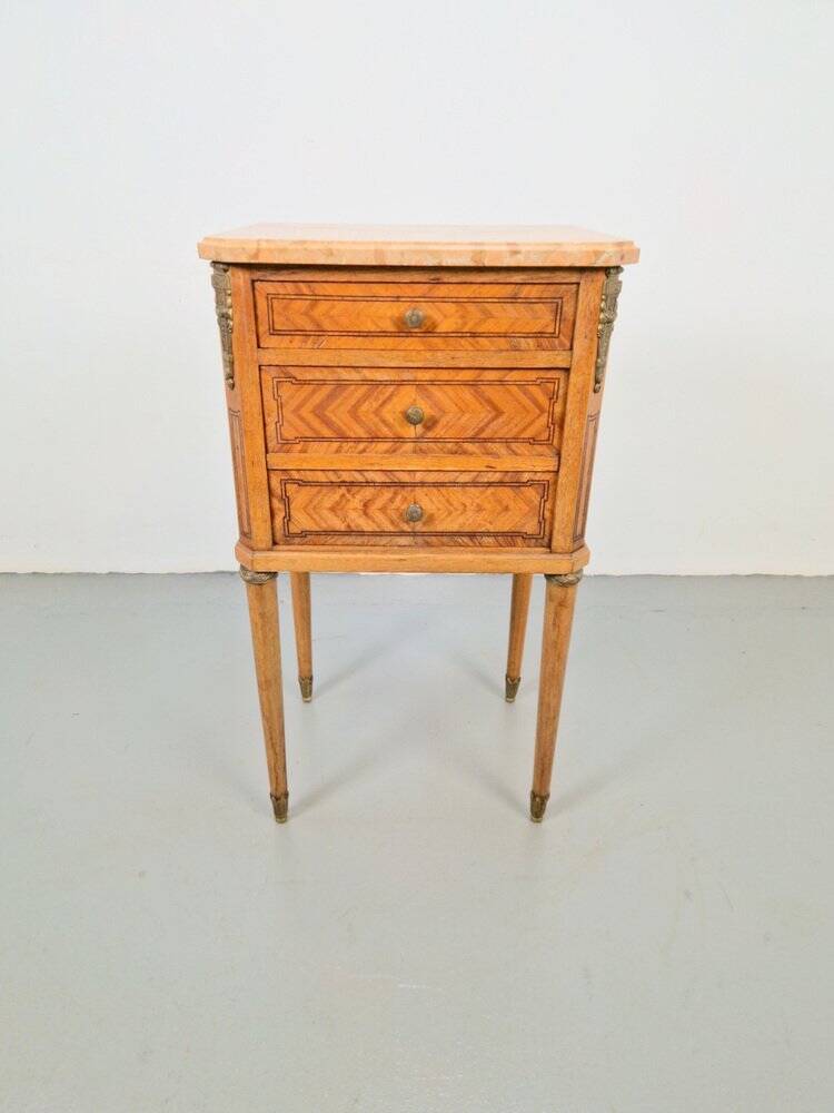 Vintage French Bedside Table with Marble Top and Brass Ornaments, 1920s