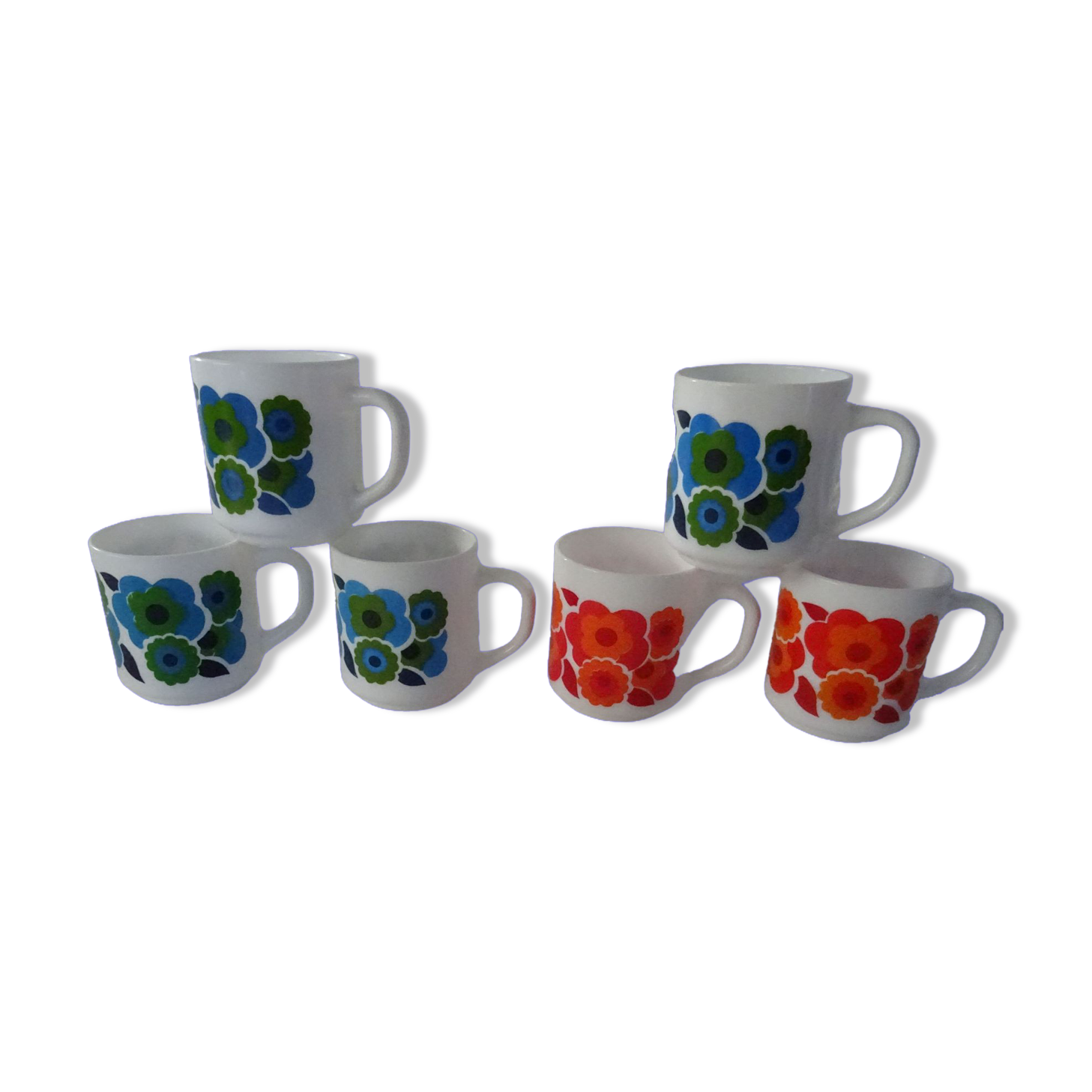 6 MUGS vintage flowers LOTUS 562112 Arcopal FRANCE orange blue