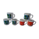 6 vintage lotus Arcopal France mugs in orange and blue.
