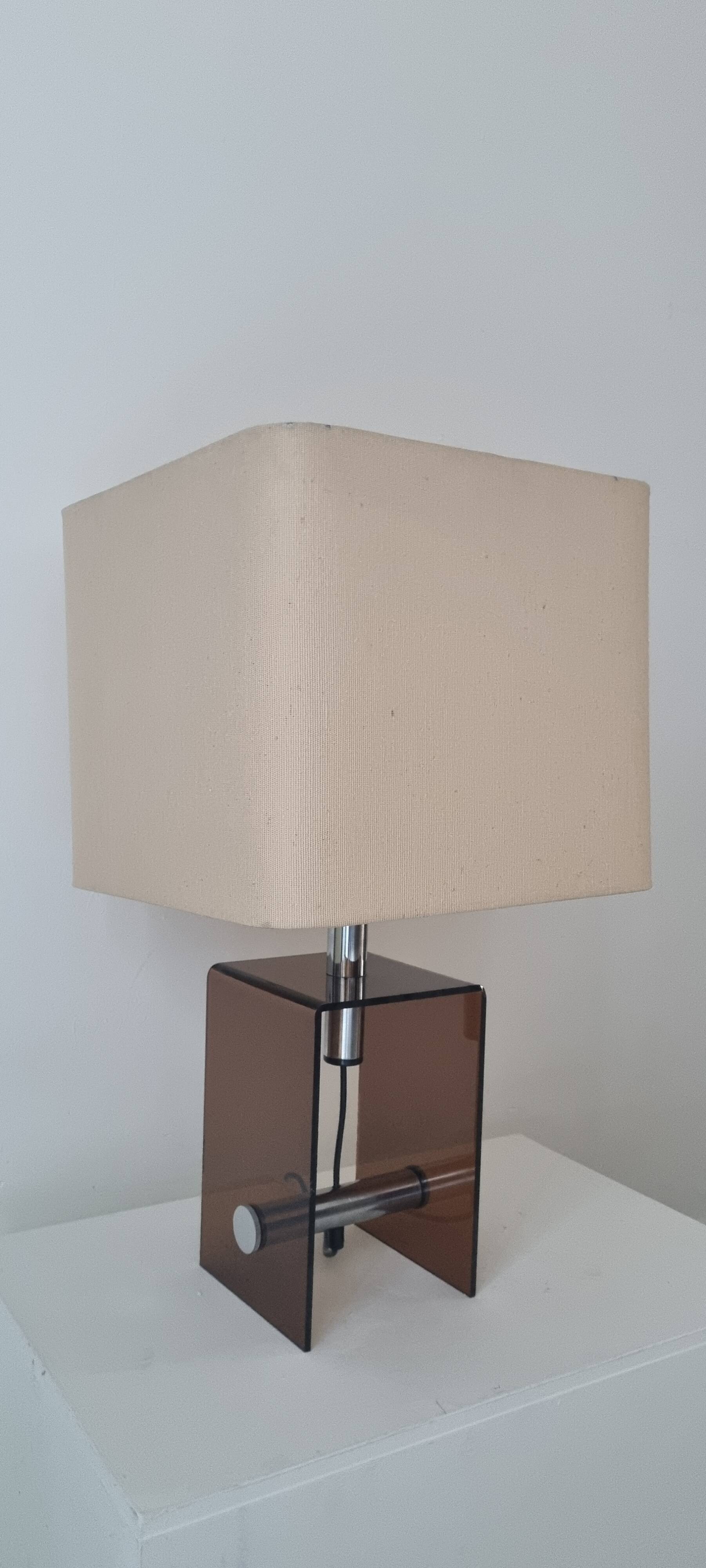 Mid-century smokey brown acrylic glass and chrome table lamp, 1970s