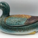 Central soup, dish and lid in polychrome enamelled ceramic, duck shape