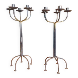 Pair of large candlesticks / industrial candelabras in raw metal
