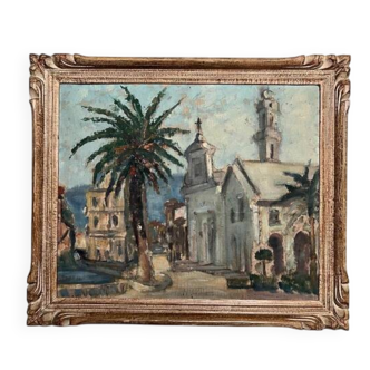 Seascape, view of the city, building, church, tree - painting