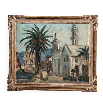 Seascape, view of the city, building, church, tree - painting