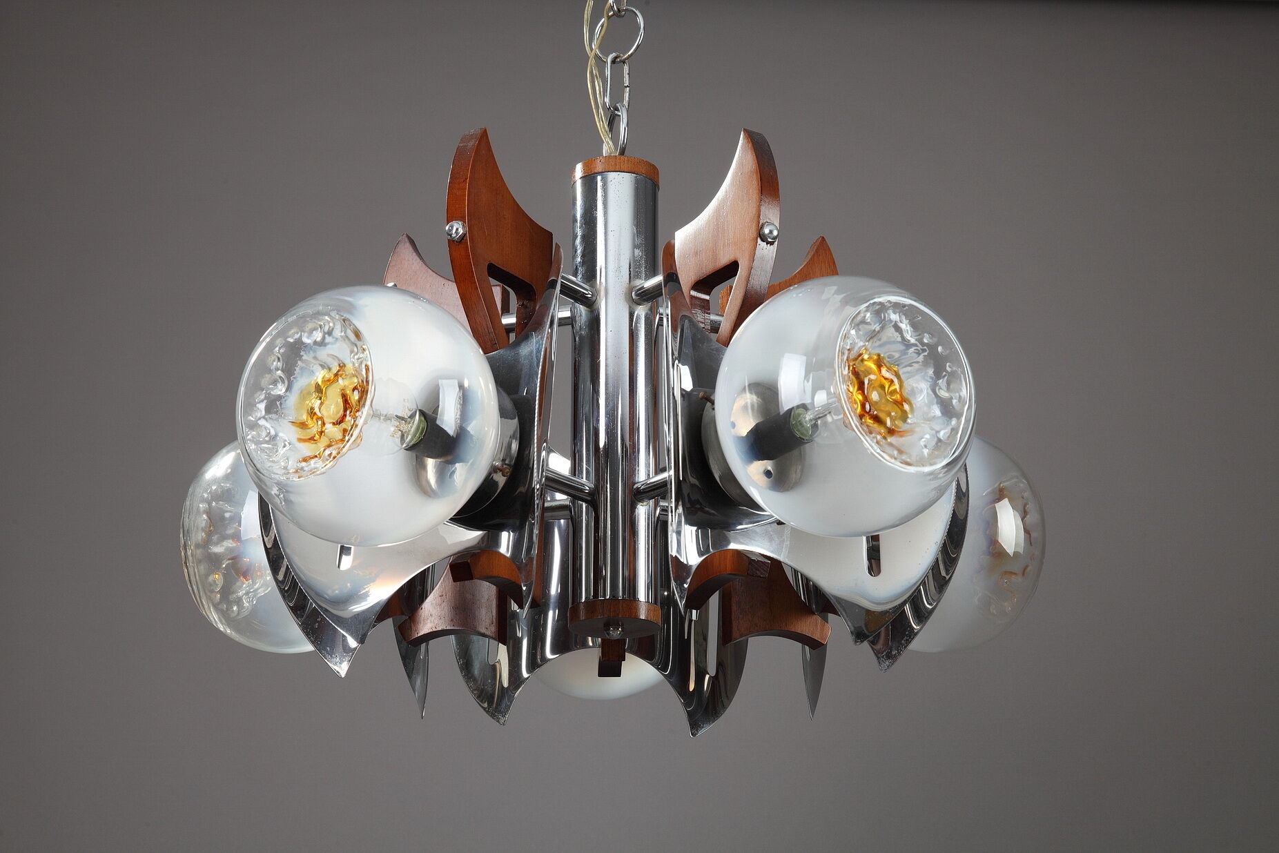 Mazzega chandelier in murano glass, chrome and wood, 1970's