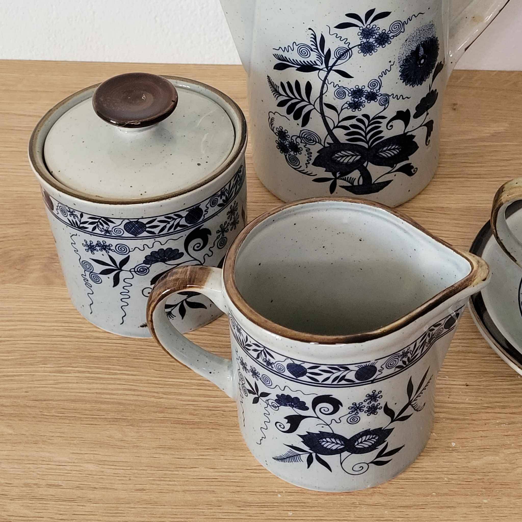Japanese stoneware tea set with blue danube "blue onion" pattern