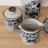 Japanese stoneware tea set with blue danube "blue onion" pattern