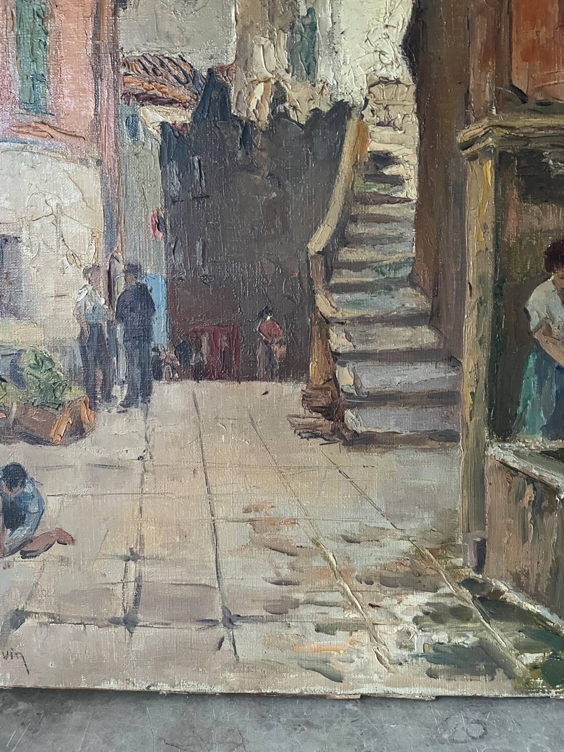 Scène de rue devant château, huile sur toile