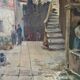 Scène de rue devant château, huile sur toile