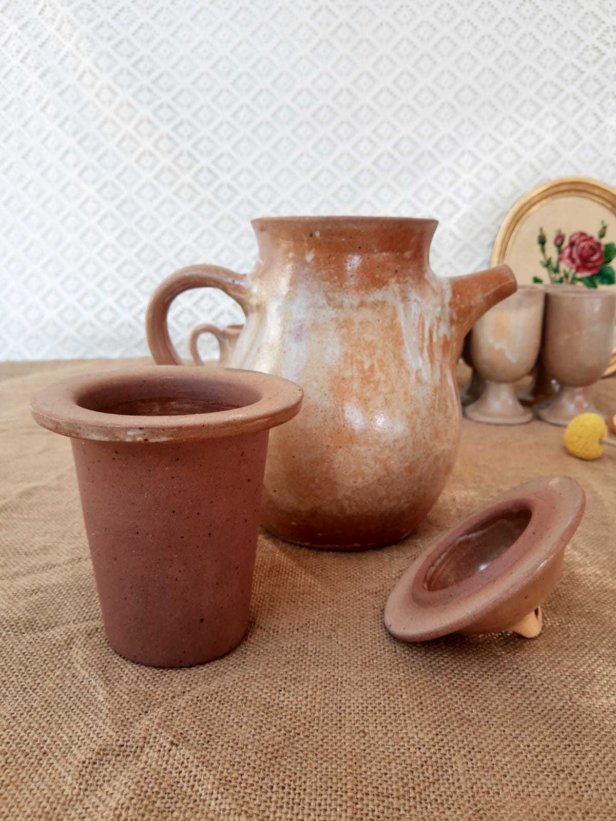 Vintage stoneware 8 mazagrans teapot and milk jug set