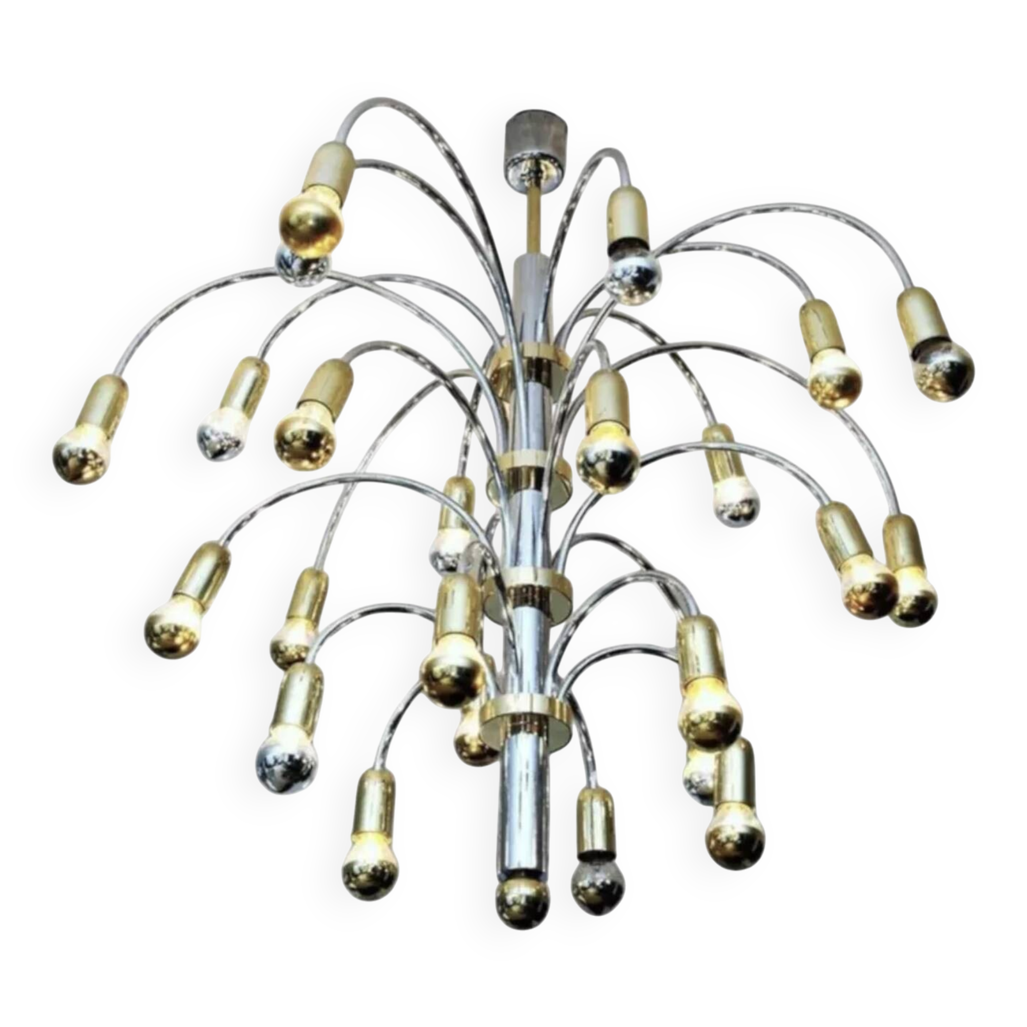 Post-modern chandelier with 24 lights in chrome and gold metal, Germany, 1970.