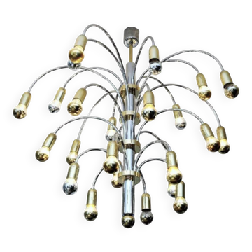 Post-modern chandelier with 24 lights in chrome and gold metal, Germany, 1970.