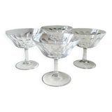 Lot.4. x Cut crystal champagne glasses. Baccarat style. Scale patterns. Multifaceted hexagonal foot