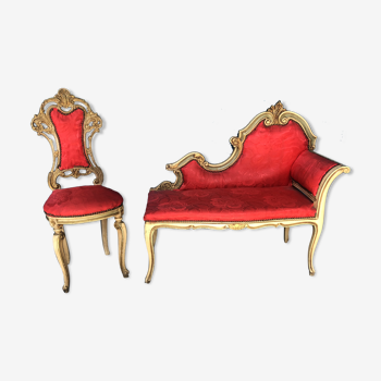 Banquette d’entrée et sa chaise en bois patine beige style Louis XV