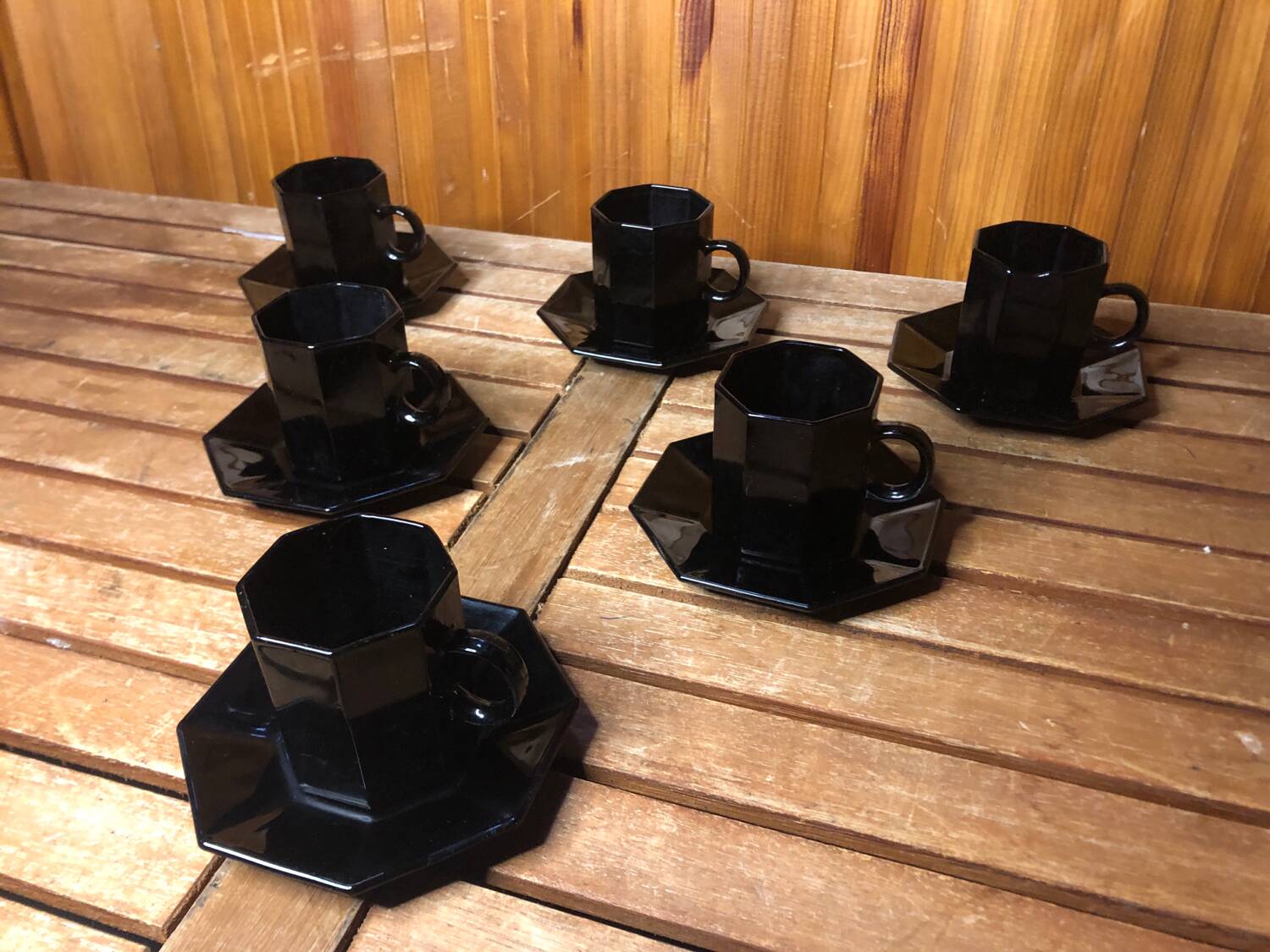 Series of 6 cups & saucers esso collection noire france vintage #a538