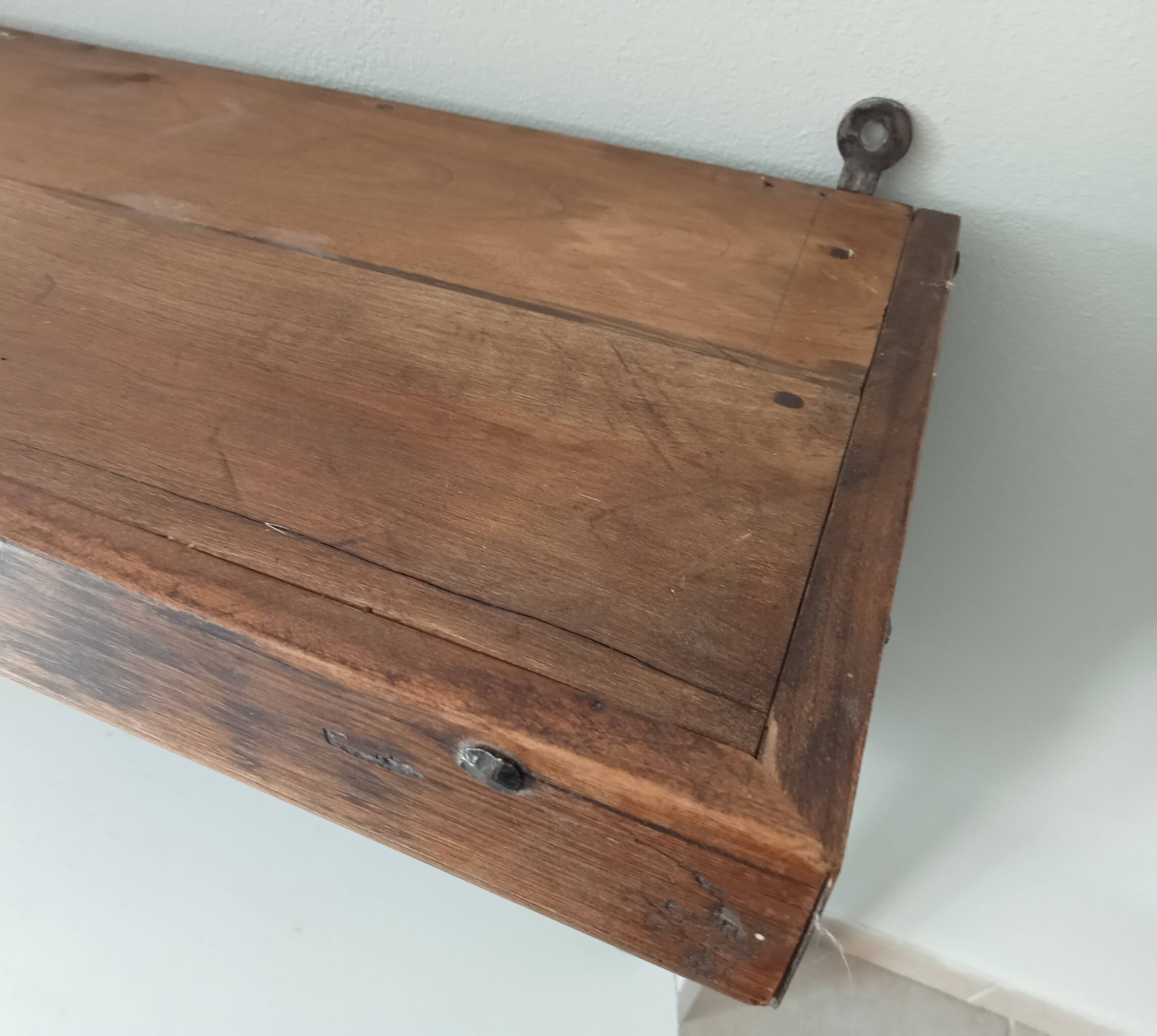 Antique wall shelf in solid chestnut with butcher's hooks