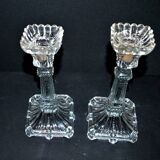 Set of 2 Egyptian-decorated candlesticks, Vallerysthal glassware, 1900