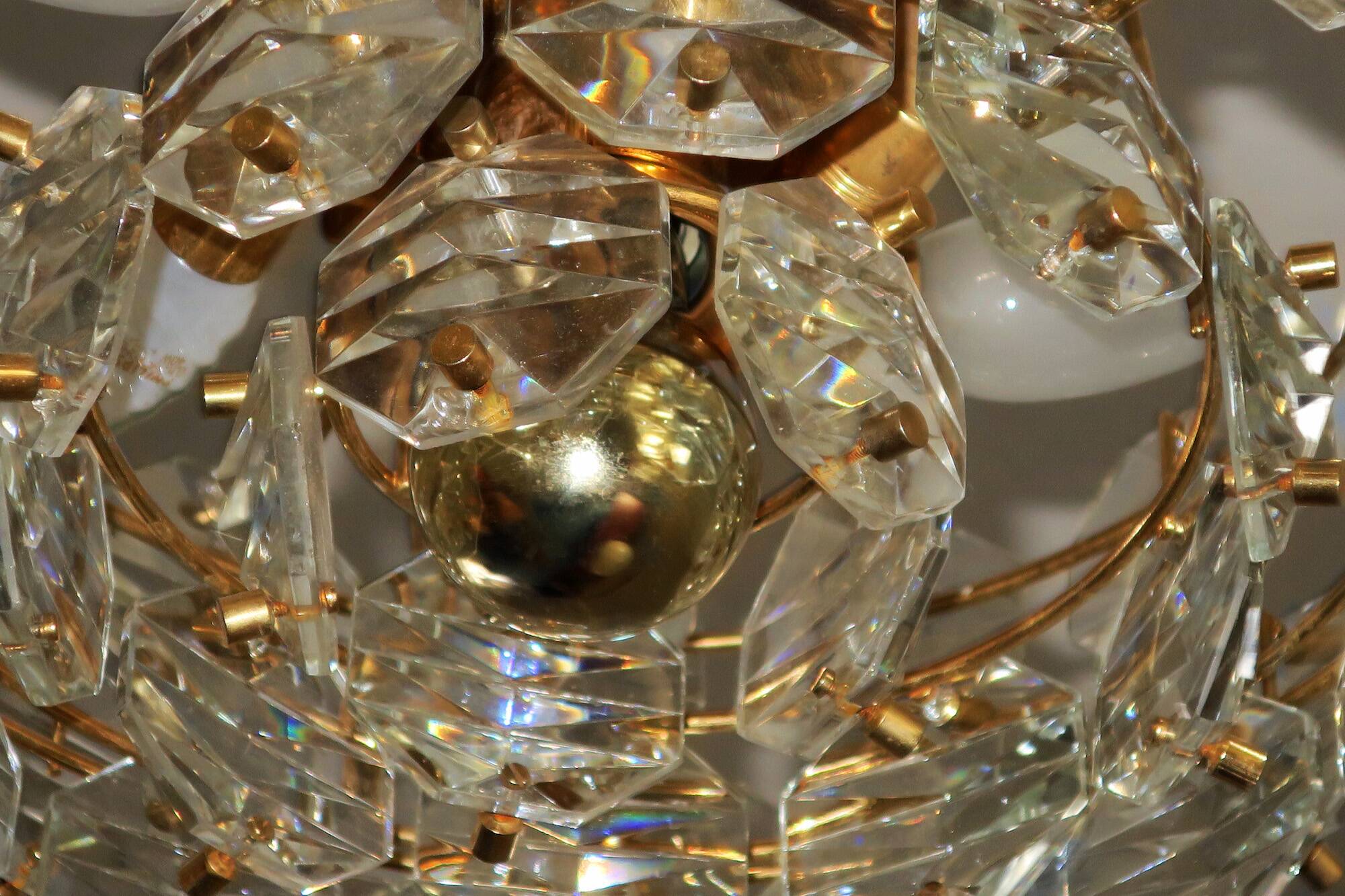 Kinkeldey gold-plated brass and faceted glass chandelier, 1960s