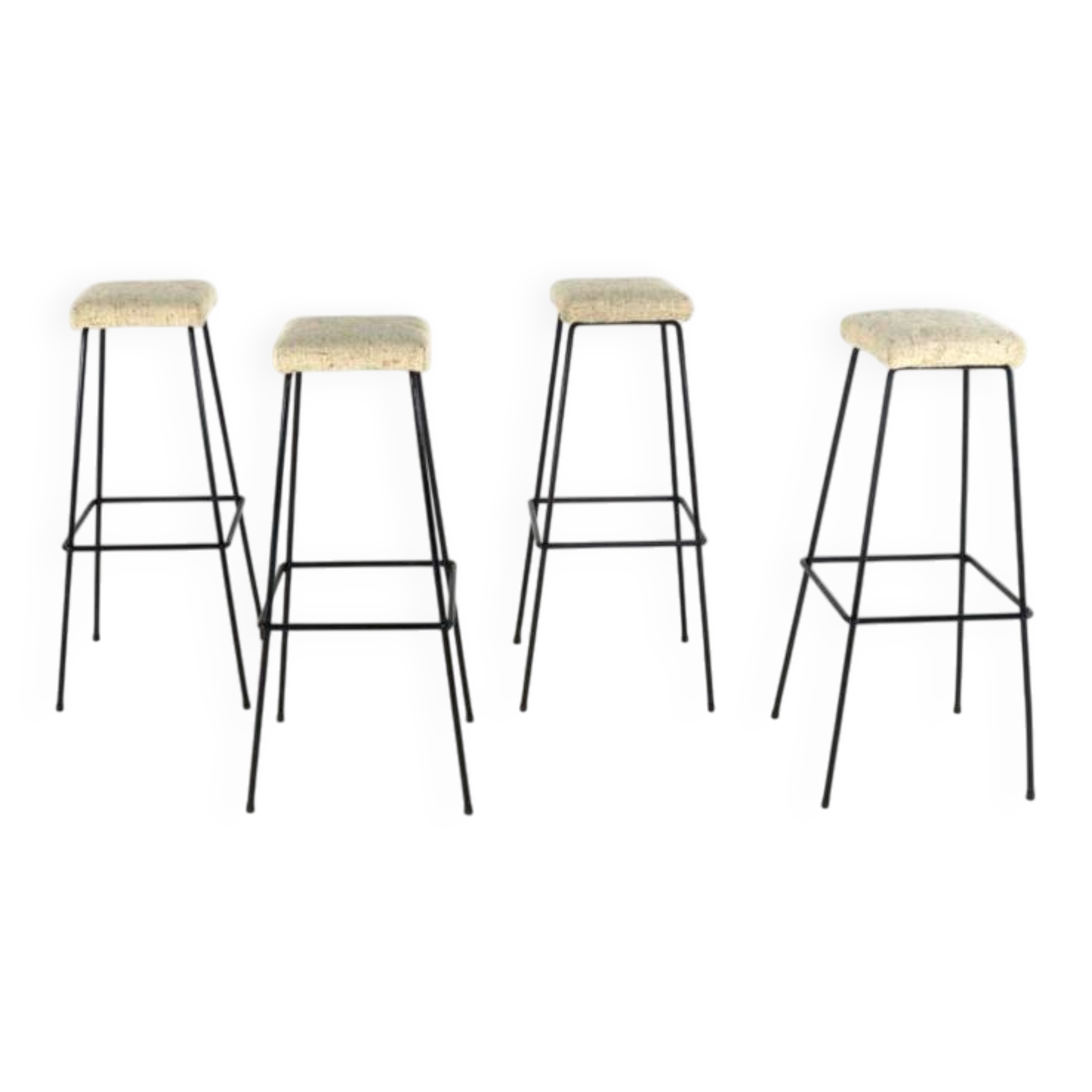 Set of 4 original vintage Bar Stools - black metal with fabric upholstery