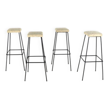 Set of 4 original vintage Bar Stools - black metal with fabric upholstery