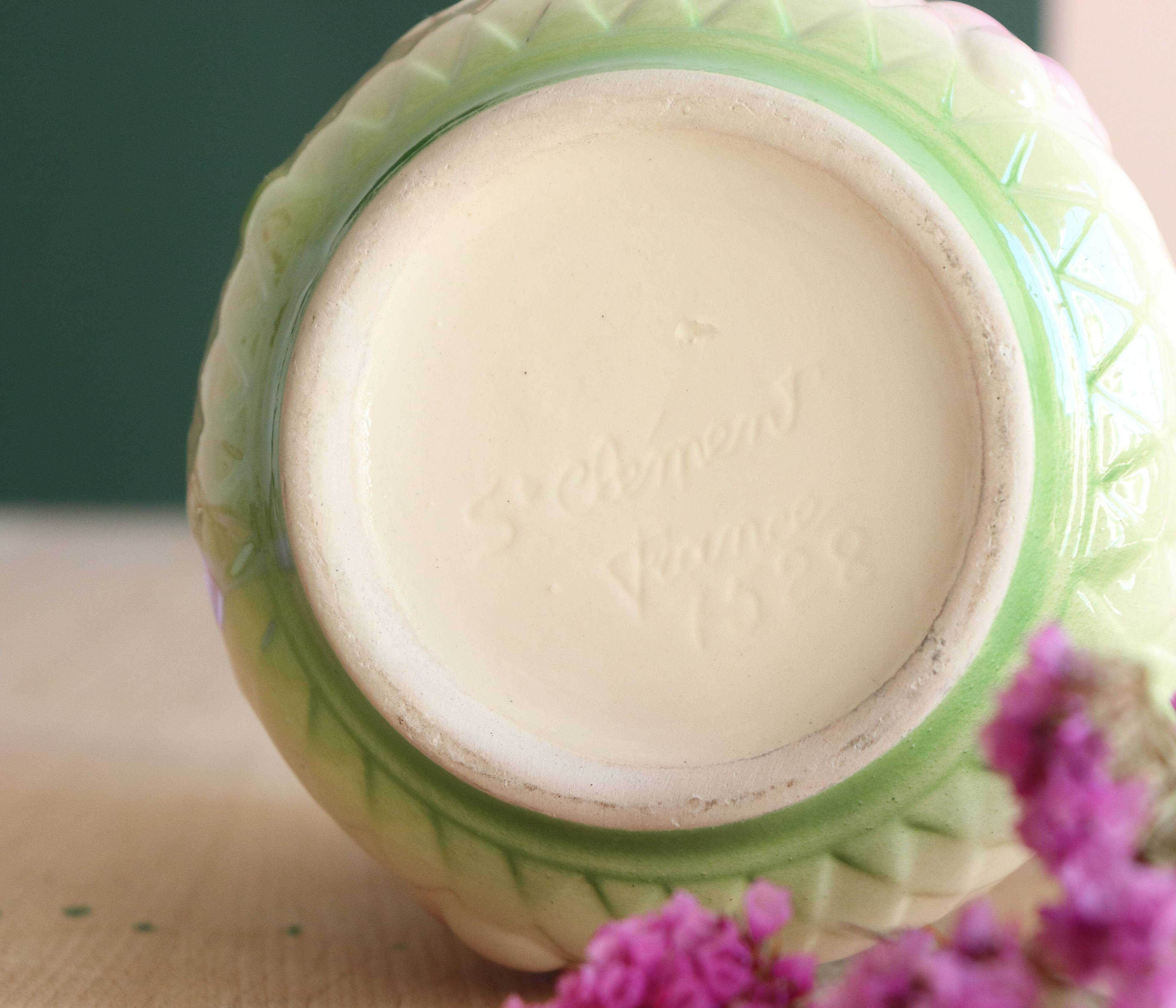 Barbotine pitcher from the 20s/30s with vine and grape decoration, Saint-Clément earthenware factory