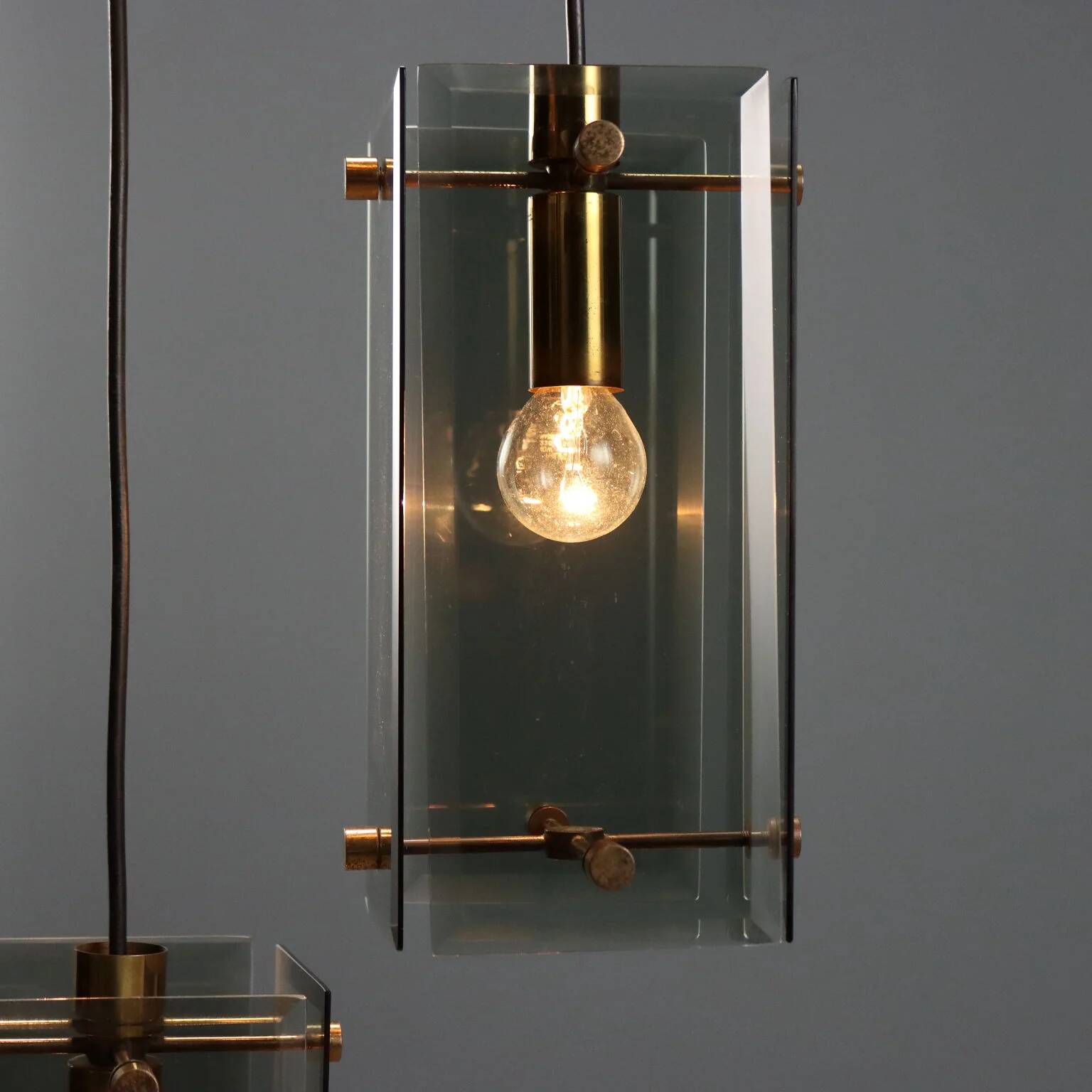 1960s brass and smoked glass ceiling light