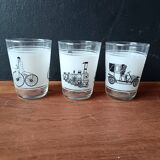 6 vintage water glasses, means of transport, France