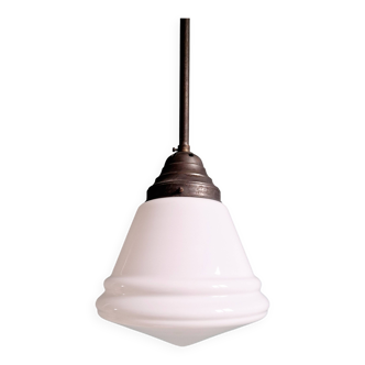 Large Art Deco pendant light in white opaline glass, conical, 1920s-30s