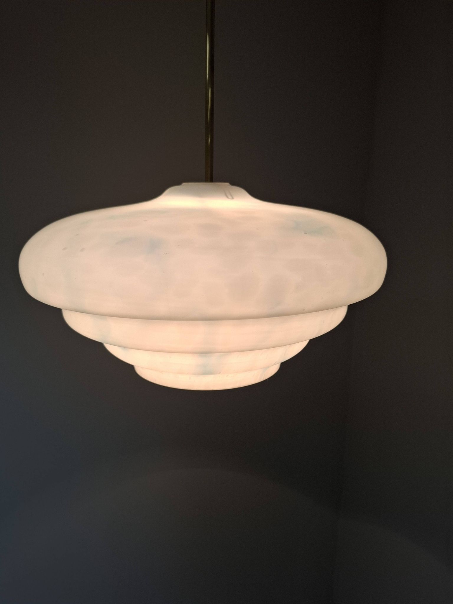 Napako Midcentury Modern Pendant Lamp in Opaline Glass and Brass, Czechoslovakia
