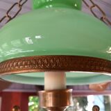 Old green opaline chandelier, gold metal and earthenware