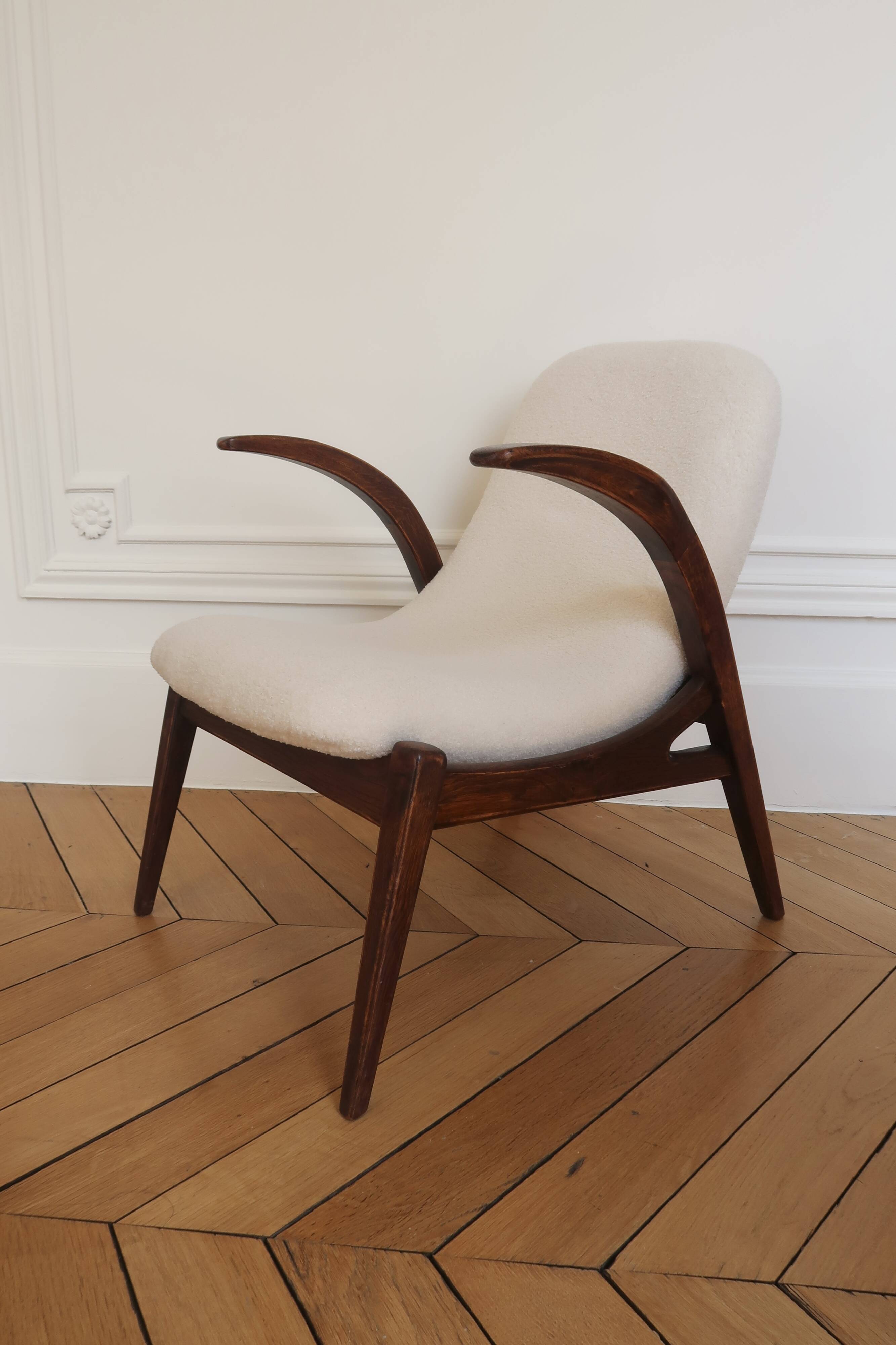 Two armchairs in wood and bouclé fabric by jan vanek, 1960s