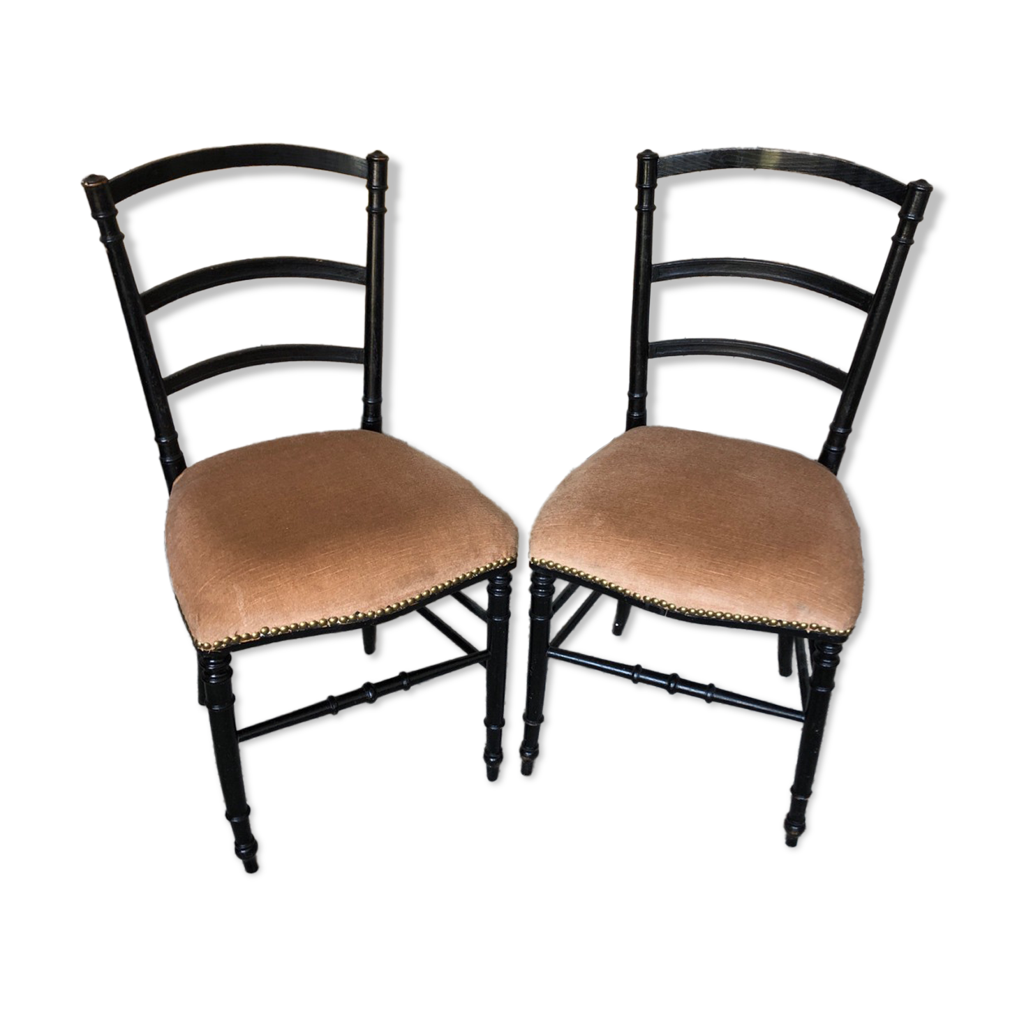 Pair of chairs napoleon 3 black wood & seat velour pink vintage #a196