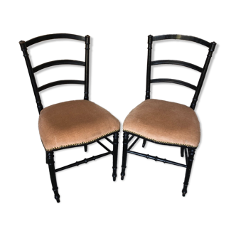 Pair of chairs napoleon 3 black wood & seat velour pink vintage #a196