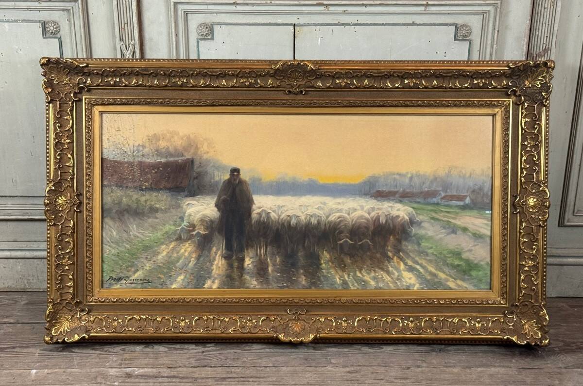 “Shepherd and his flock”, watercolor on paper, signed Maurice Hagemans