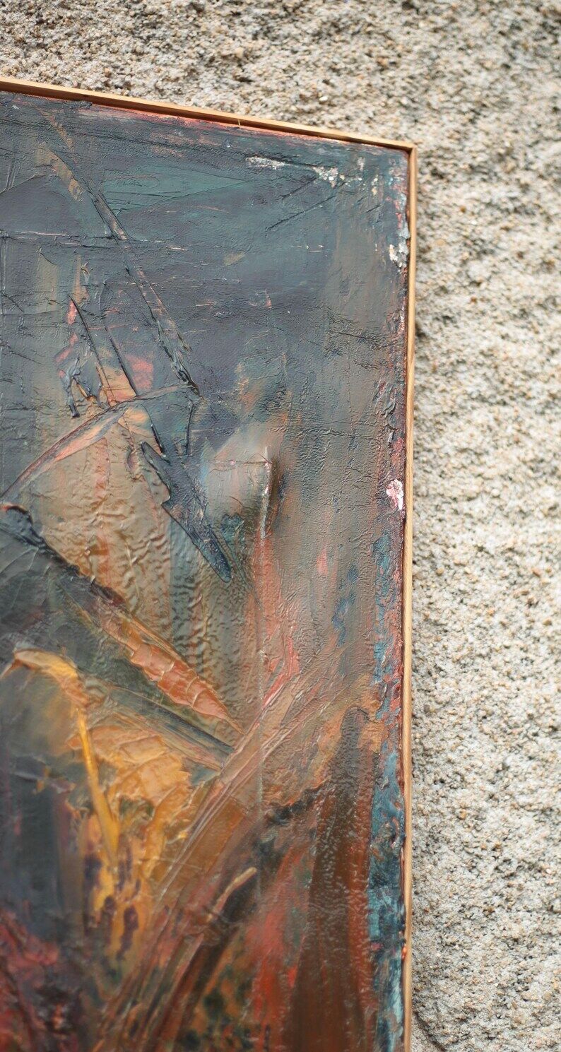 Oil on canvas signed Monique Humbert, large abstract composition, wall painting, interior decoration.
