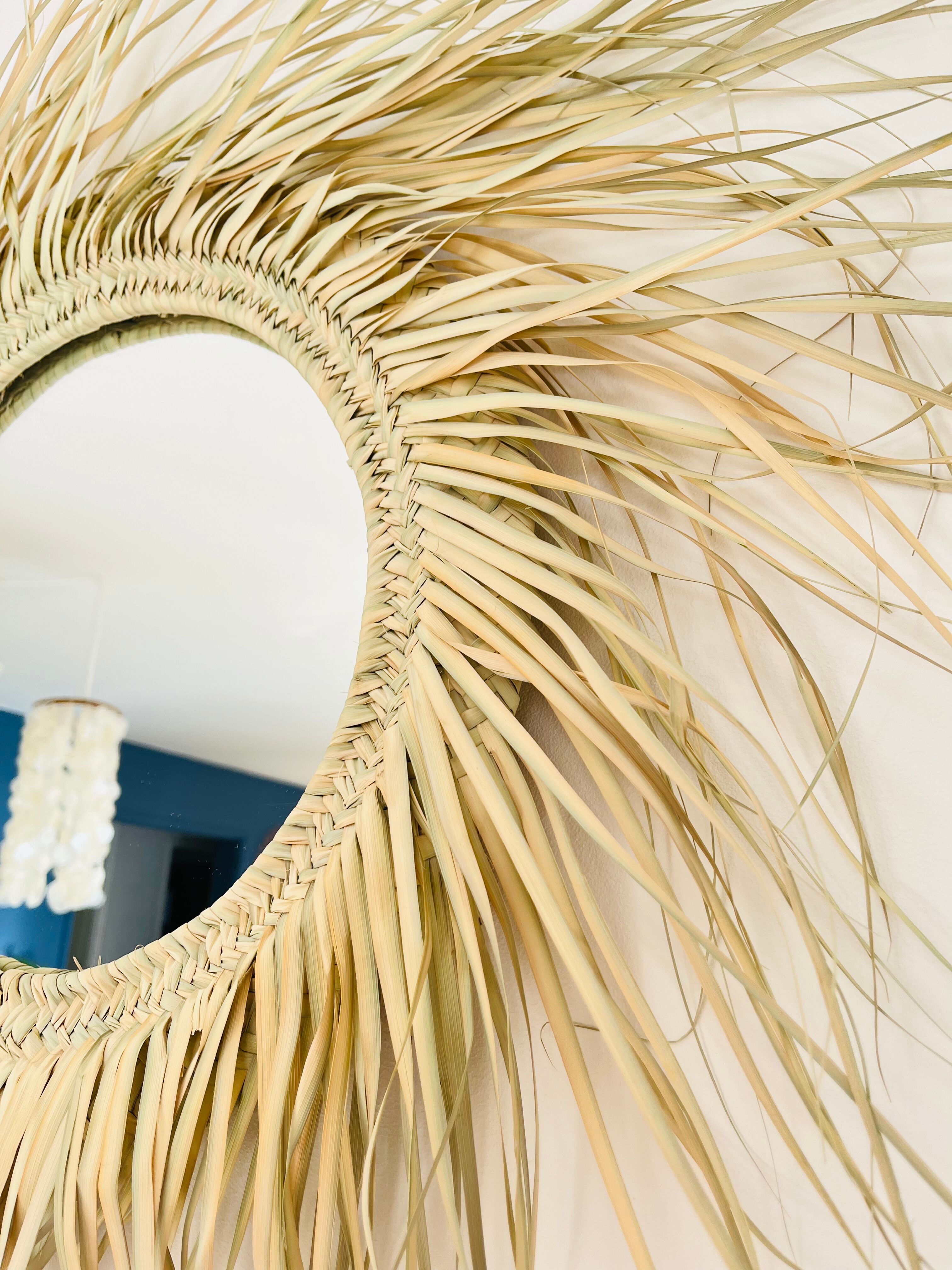 Round straw mirror with fringe, 80cm