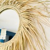 Round straw mirror with fringe, 80cm