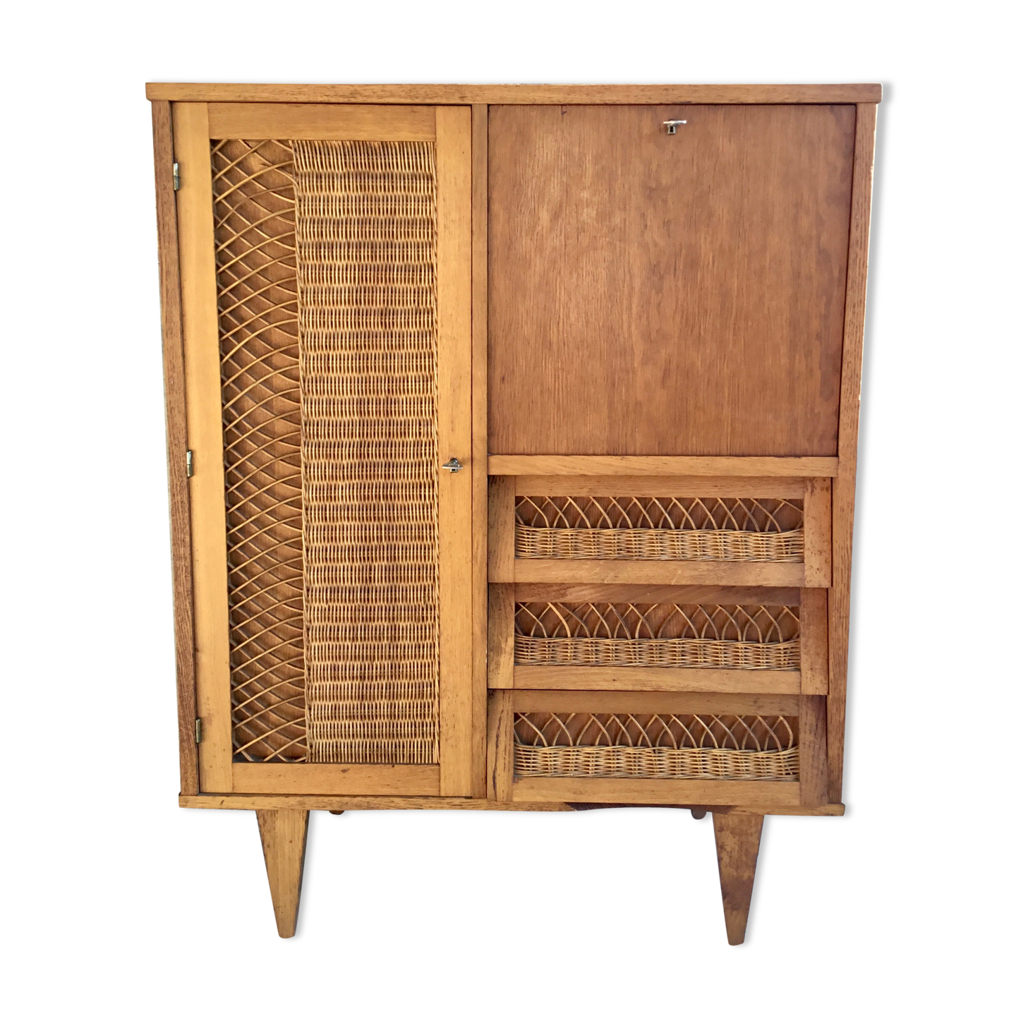 Rattan cabinet with integrated illuminating secretary vintage 1960