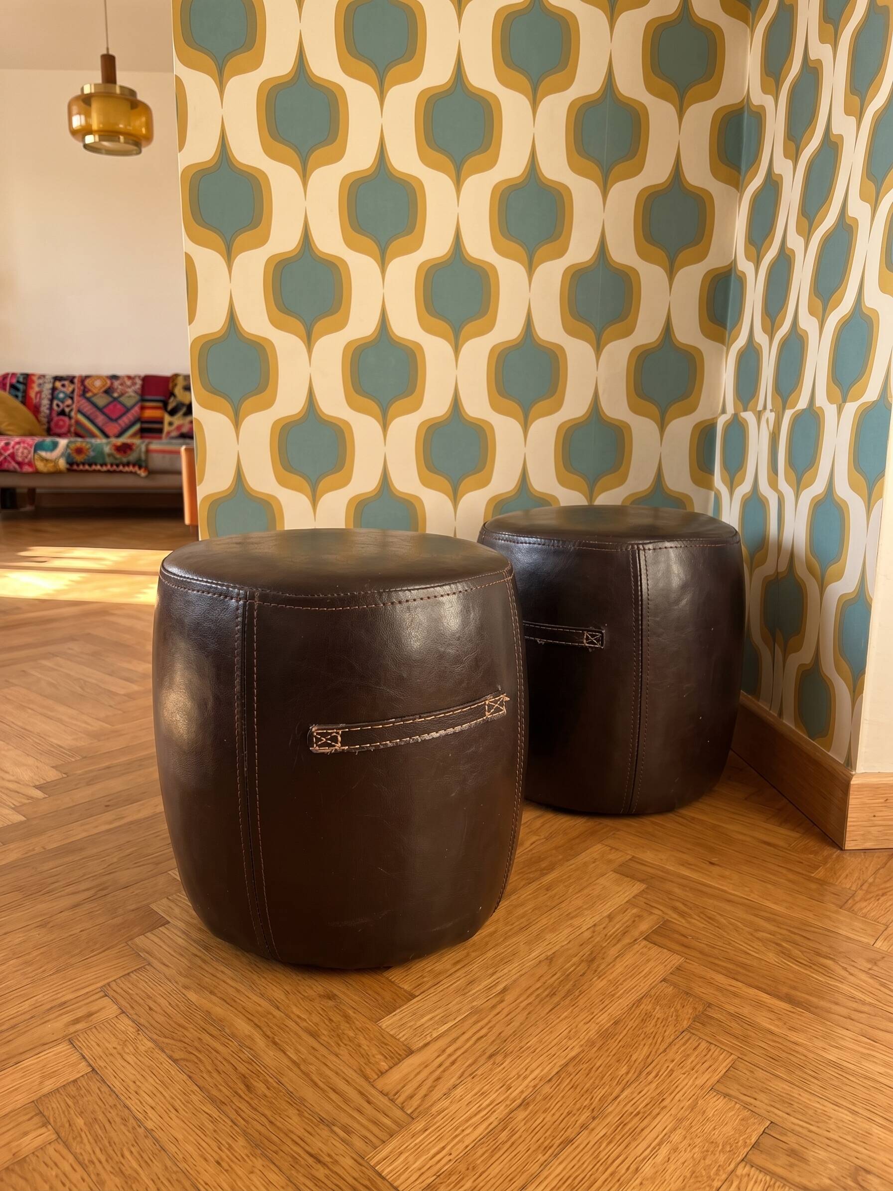 2 small brown poufs with beige stitching - industrial, loft, vintage style, re
