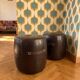 2 small brown poufs with beige stitching - industrial, loft, vintage style, re