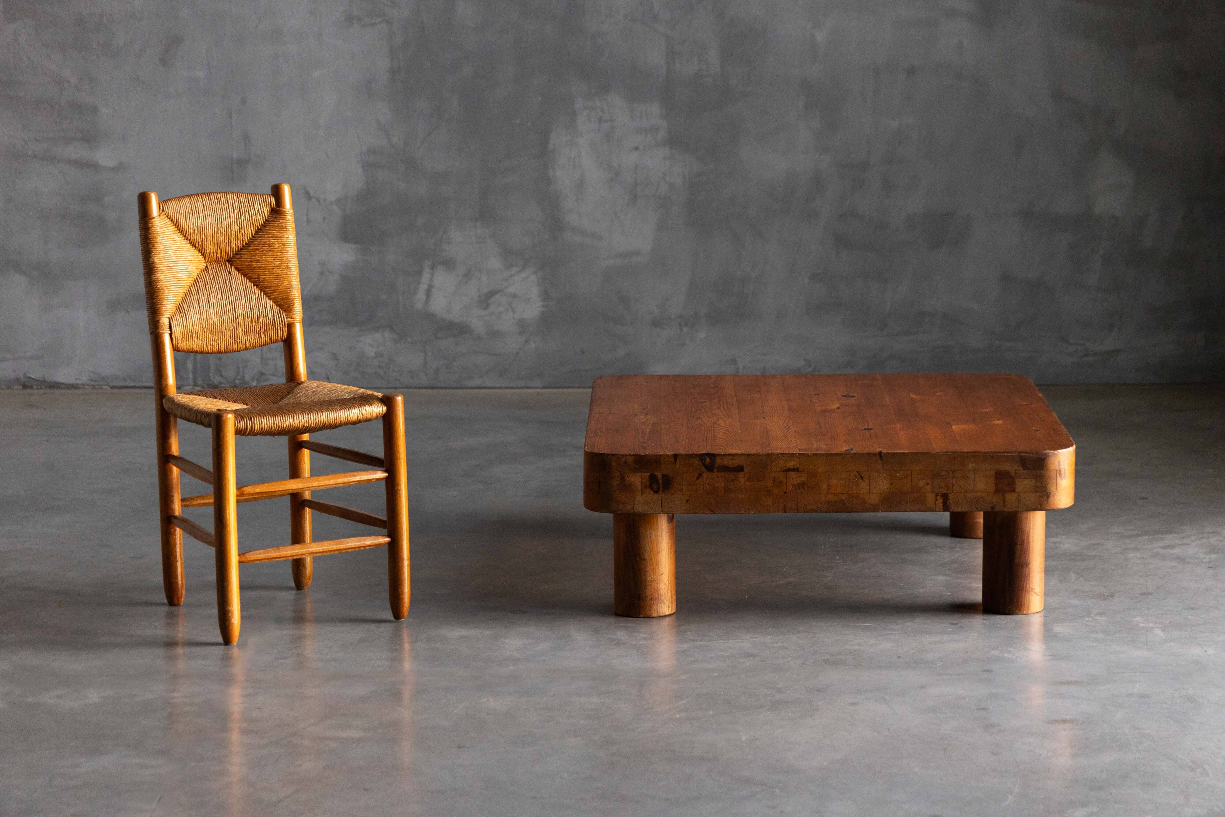 Brutalist pine low coffee table, France, 1960s