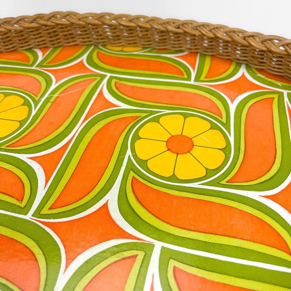 70's wicker and vinyl service tray