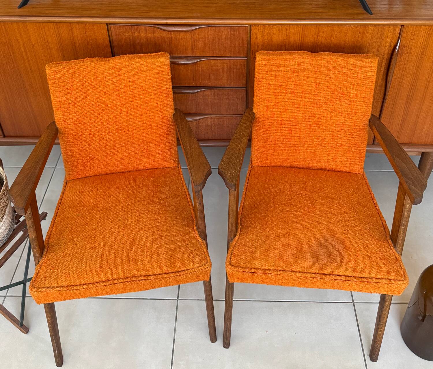 Pair of vintage 60s armchairs in wood and orange bouclé fabric