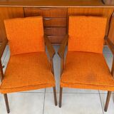 Pair of vintage 60s armchairs in wood and orange bouclé fabric