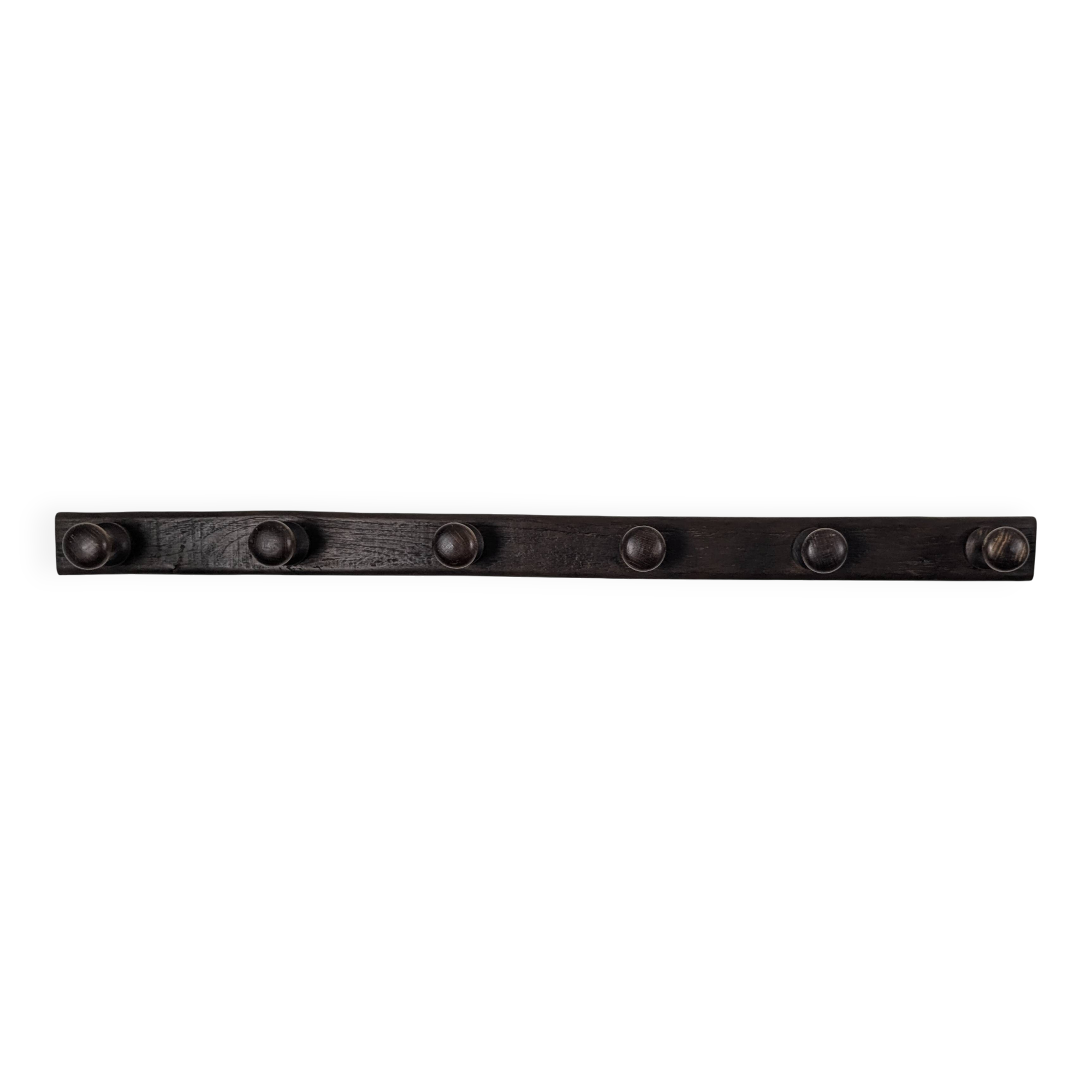 Antique turned wooden coat rack with 6 hooks, rustic spirit.